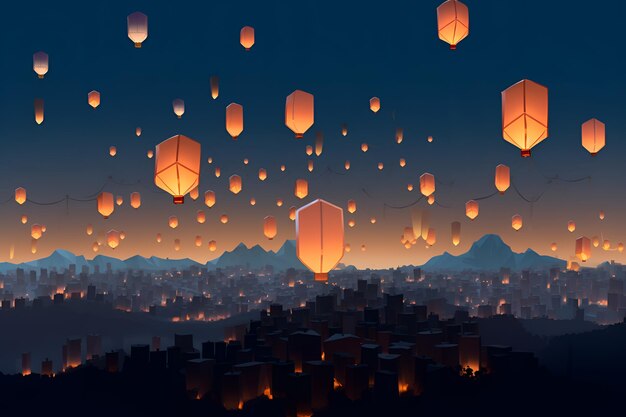 A cartoon image of a city with lanterns floating above it.