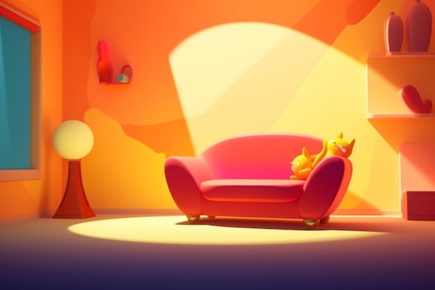 A cartoon image of a couch with a lamp on the wall.