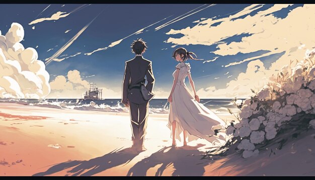 A cartoon image of a couple walking on the beach