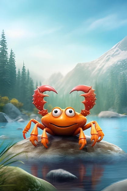 A cartoon image of a crab with a mountain in the background