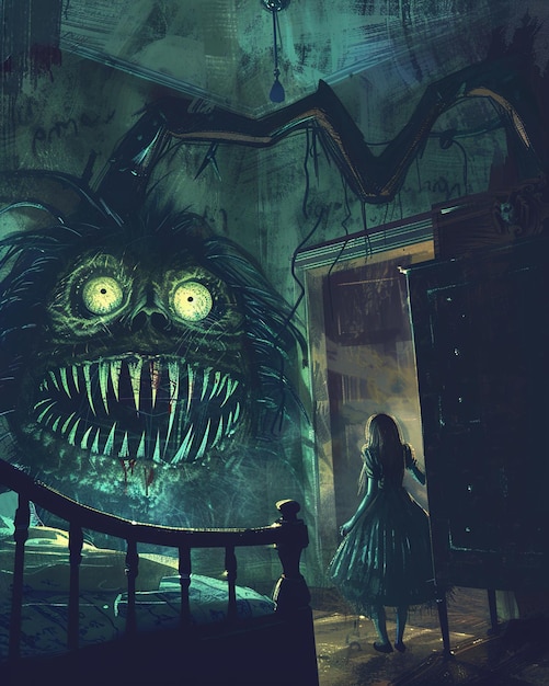 a cartoon image of a creepy looking monster with a creepy face on the wall