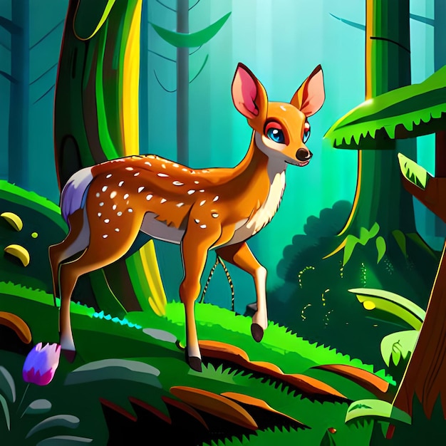 A cartoon image of a deer in a forest with a blue flower on the bottom.