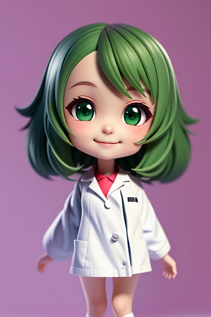 A cartoon image of a doctor wearing a white coat with beautiful big eyes anime style 3d modeling