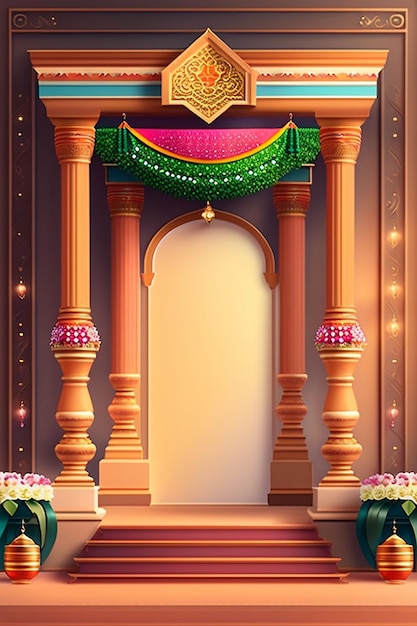 A cartoon image of a door with a pink and green design.