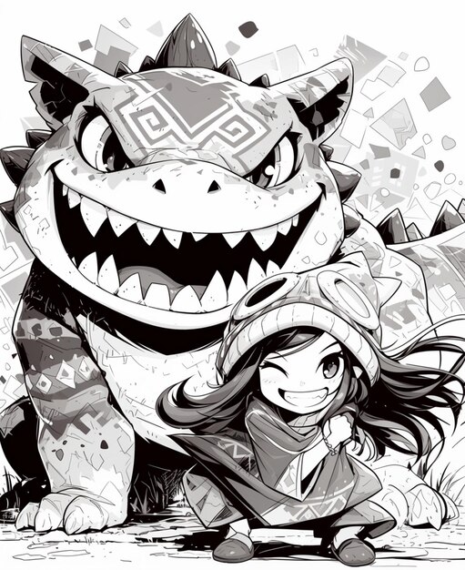 A cartoon image of a dragon with a girl chibi with monster illustration for coloring black amp white