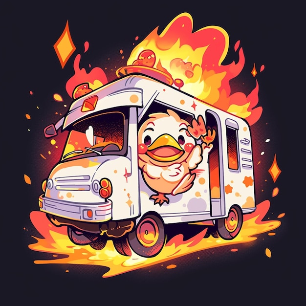 A cartoon image of a duck on a fire truck with flames and a fire truck with a duck on the top.