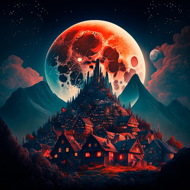 A cartoon image of a fantasy town against the background of a huge red moon