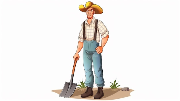 A cartoon image of a farmer with a shovel