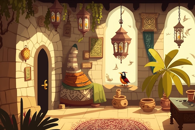 Cartoon image featuring a treasure filled medieval Arab apartment with ornaments from the Far East and a stage for various uses Childrens illustration
