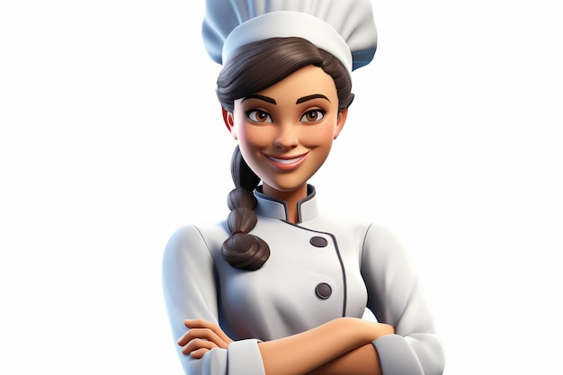 A cartoon image of a female chef wearing a white chefs hat and jacket