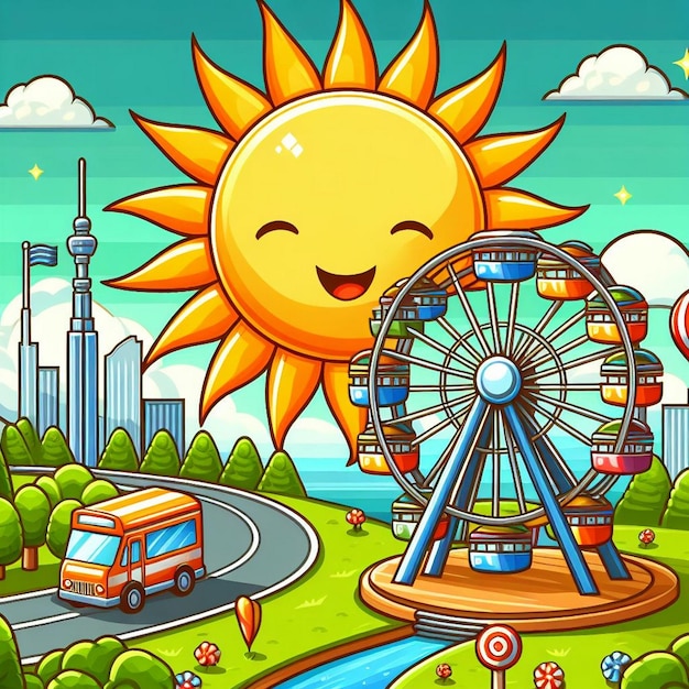 мультфильмное изображение колеса обозрения с солнцем и колесом обозрения