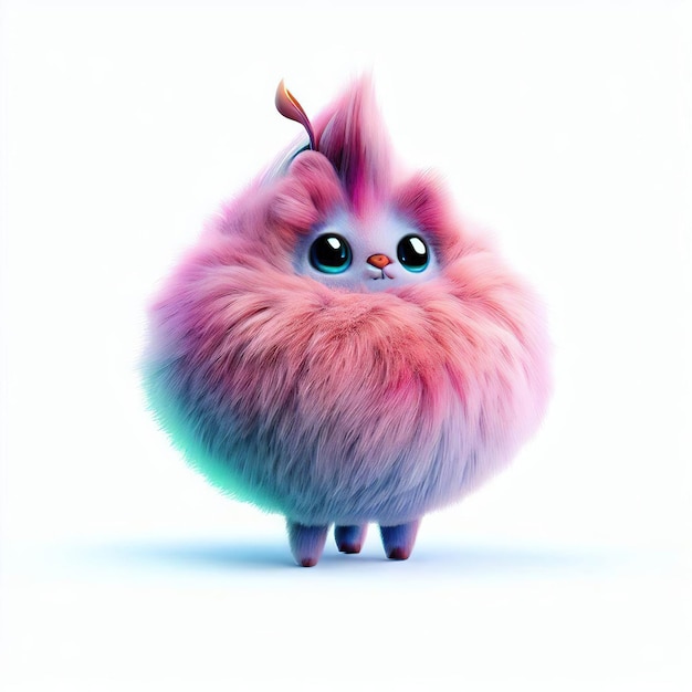 A cartoon image of a fluffy bird with a pink face and a blue eyes.