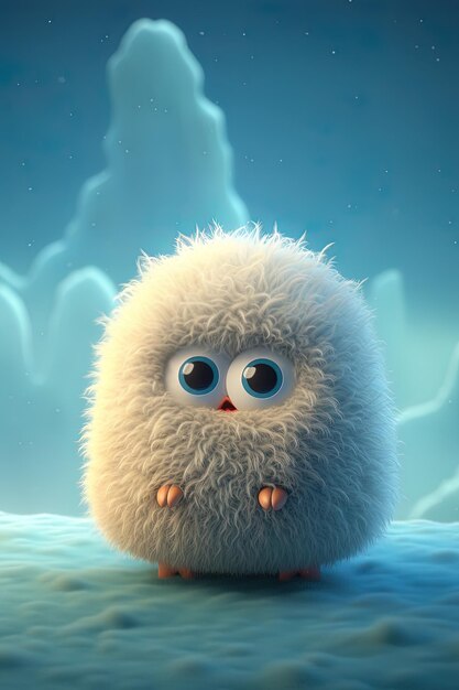 Photo a cartoon image of a fluffy white fluffy animal with blue eyes