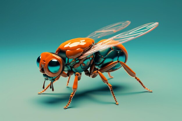 A cartoon image of a fly with orange wings.