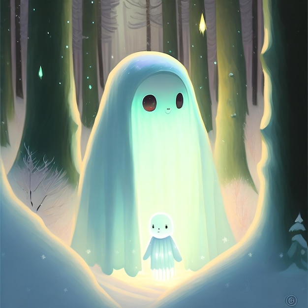 A cartoon image of a ghost and a small bear are in the woods.