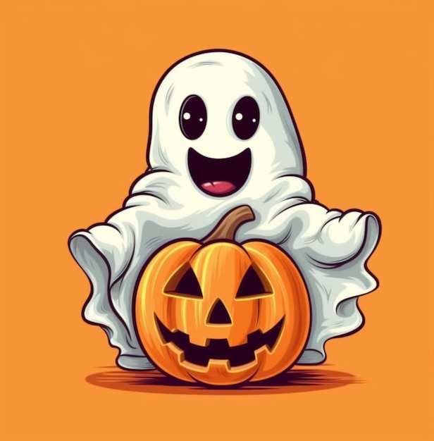 A cartoon image of a ghost with a pumpkin on it