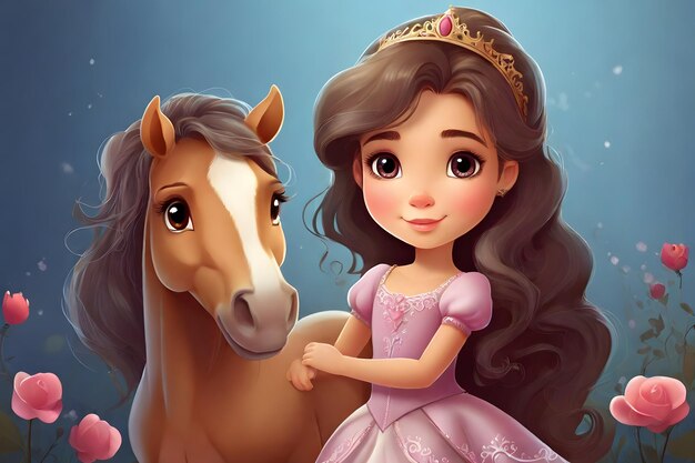 a cartoon image of a girl and a horse