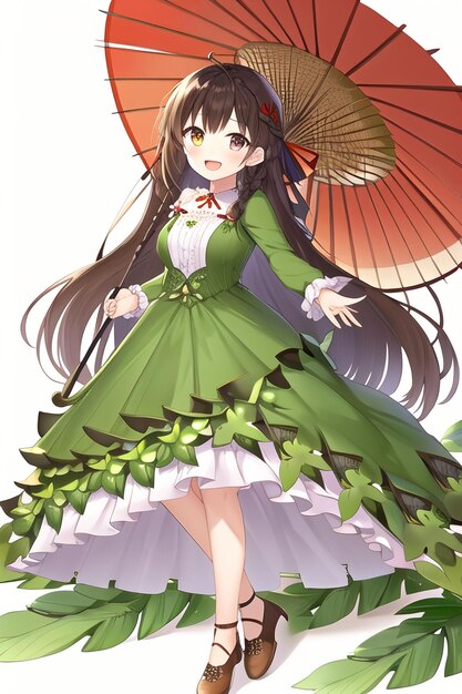 A cartoon image of a girl with a green dress and a red umbrella