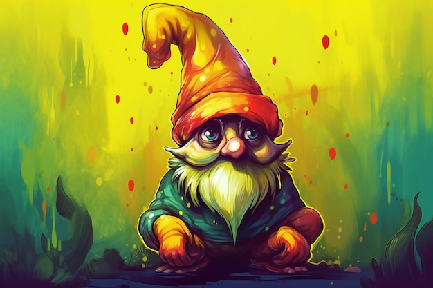 Cartoon image of a gnome sitting on the ground in the forest