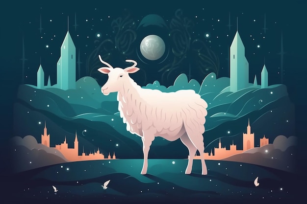 A cartoon image of a goat with a city in the background