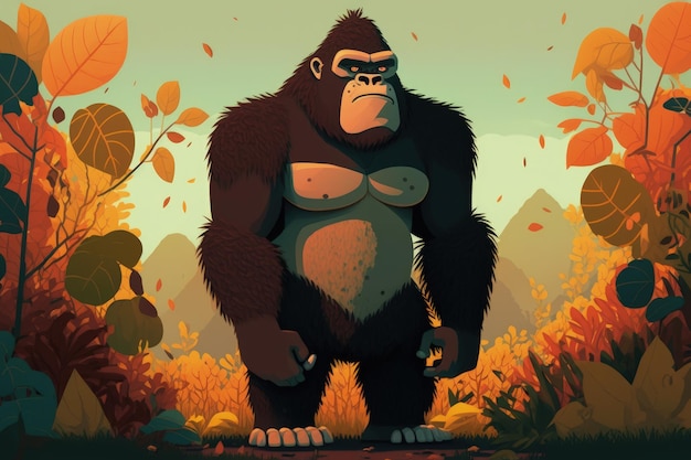 A cartoon image of a gorilla standing in a forest with leaves on the ground.