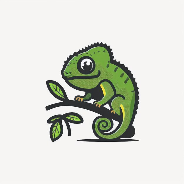 A cartoon image of a green chameleon sitting on a branch.