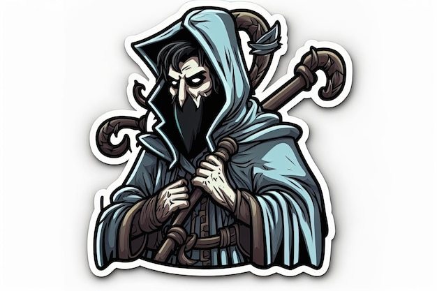 A cartoon image of a grim reaper with a hood and a scythe on his head.