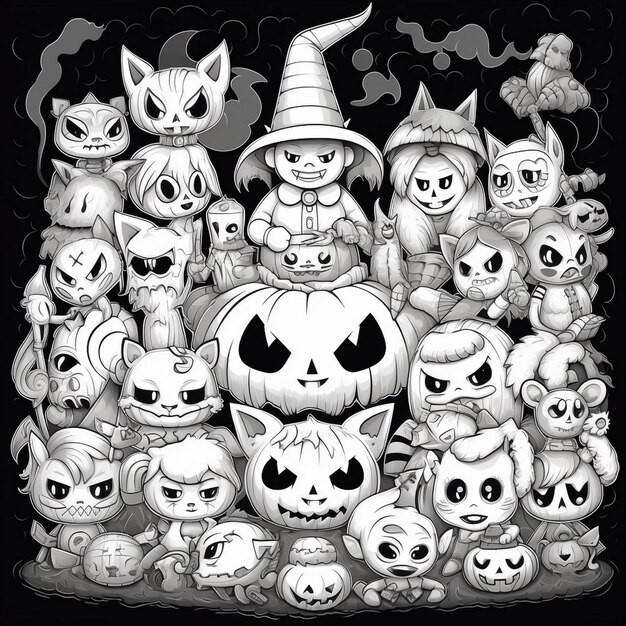 a cartoon image of a halloween scene with a cat on the top.