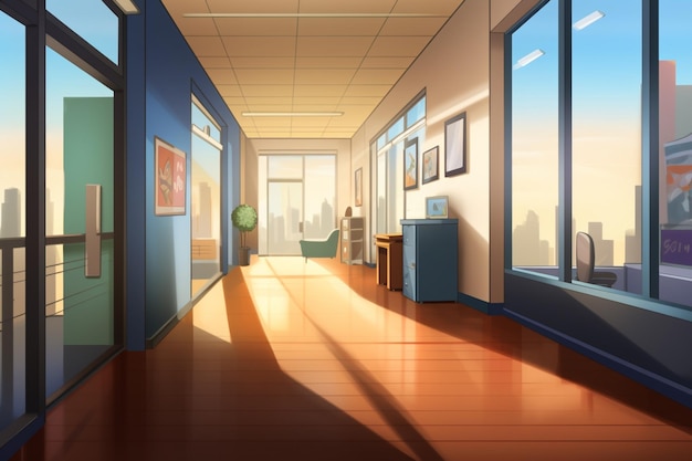 A cartoon image of a hallway with a view of the city.