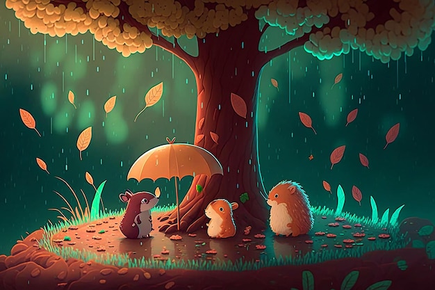 A cartoon image of a hamster with an umbrella and two other animals under it