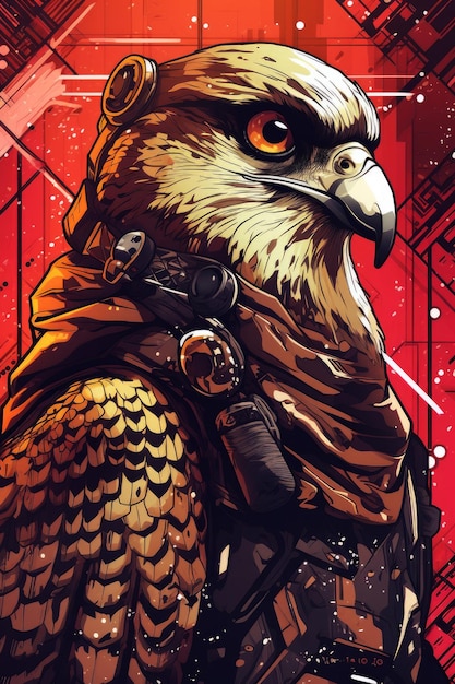 A cartoon image of a hawk with a gun and a gun on his chest.