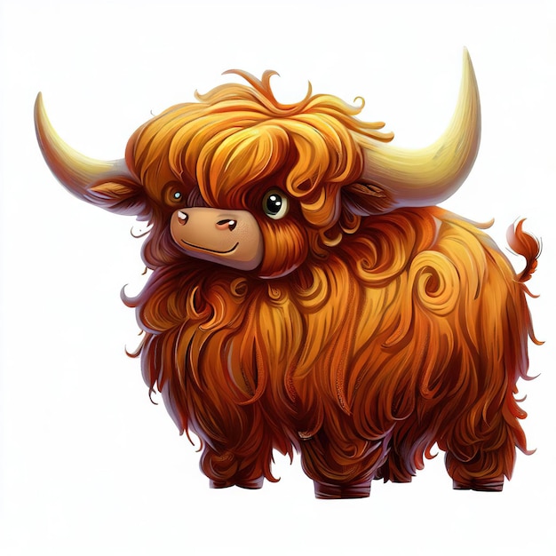 A cartoon image of a highland cow with horns and long hair.