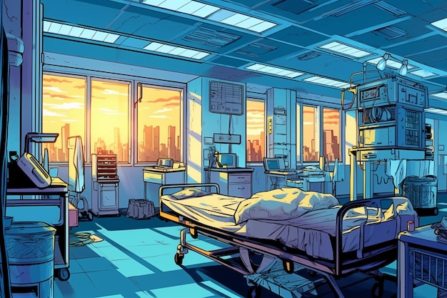 A cartoon image of a hospital room with a bed and a window