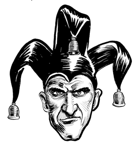 A cartoon image of a jester head with a black and white face.