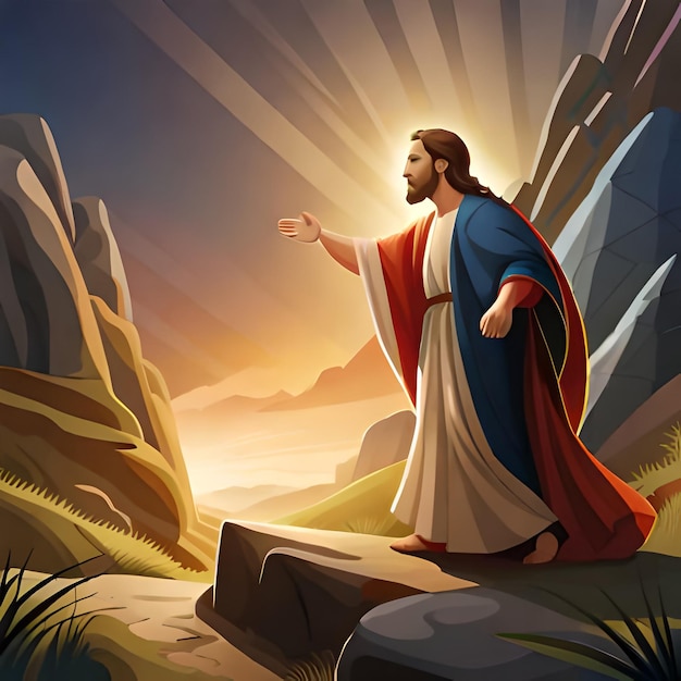 A cartoon image of jesus walking on a path with the sun shining down.