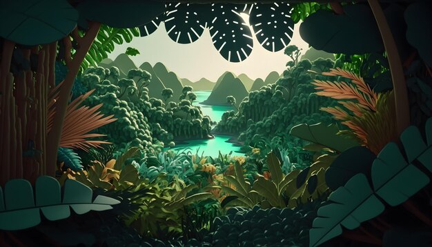 A cartoon image of a jungle with a lake in the middle and a forest with a green background.