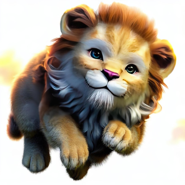 A cartoon image of a lion with blue eyes and a white background.