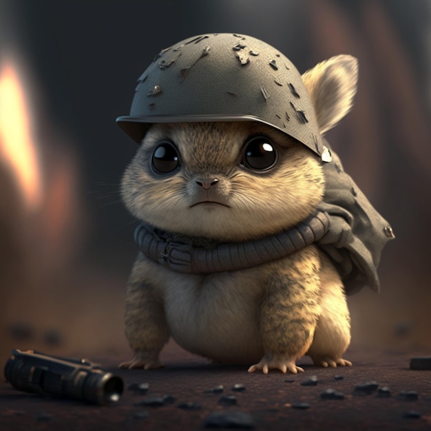 A cartoon image of a little fluffy puppy with a helmet that says'i'm a soldier '