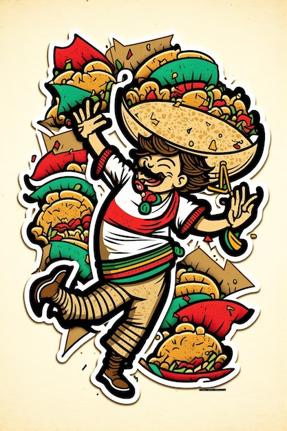 A cartoon image of a man wearing a mexican shirt with a taco on his head.