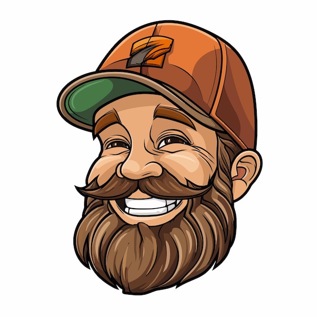 A cartoon image of a man with a beard and a hat that says " he's smiling ".