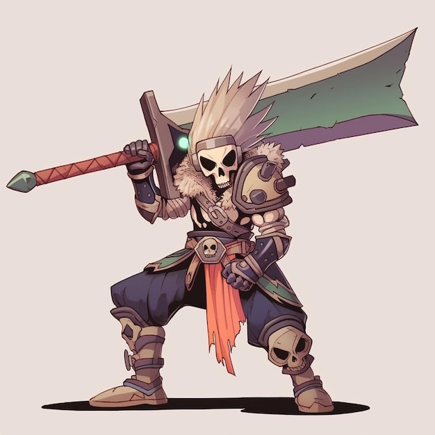 a cartoon image of a man with a sword and a skull generative ai