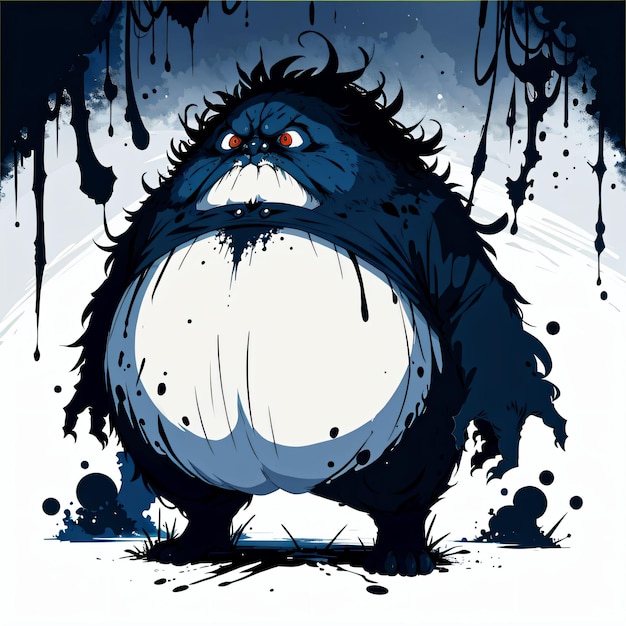 A cartoon image of a monster with a black face and red eyes.
