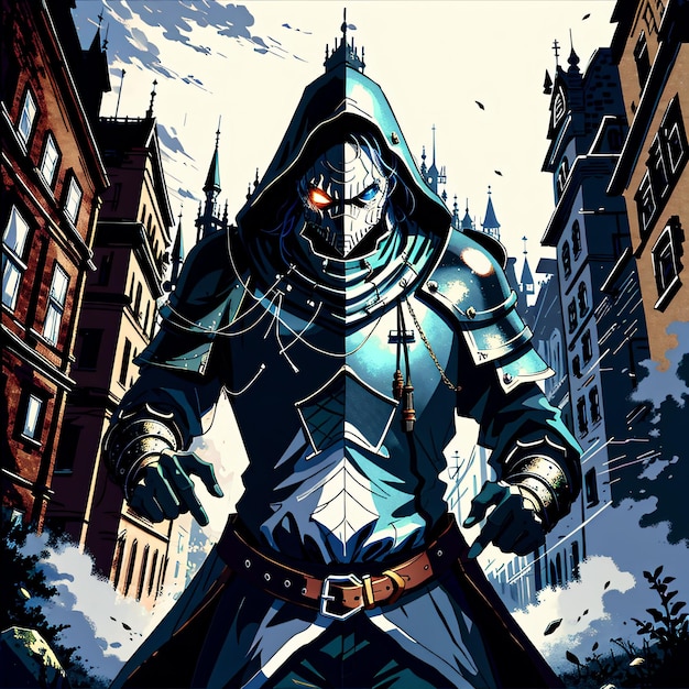 A cartoon image of a monster with a blue mask and a hood.