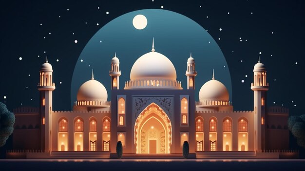 A cartoon image of a mosque with a full moon in the background