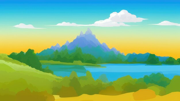 푸른 호수와 산을 배경으로 한 산 풍경의 만화 이미지.