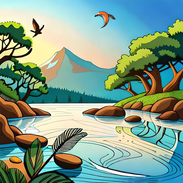 A cartoon image of a mountain landscape with trees and birds in the foreground.