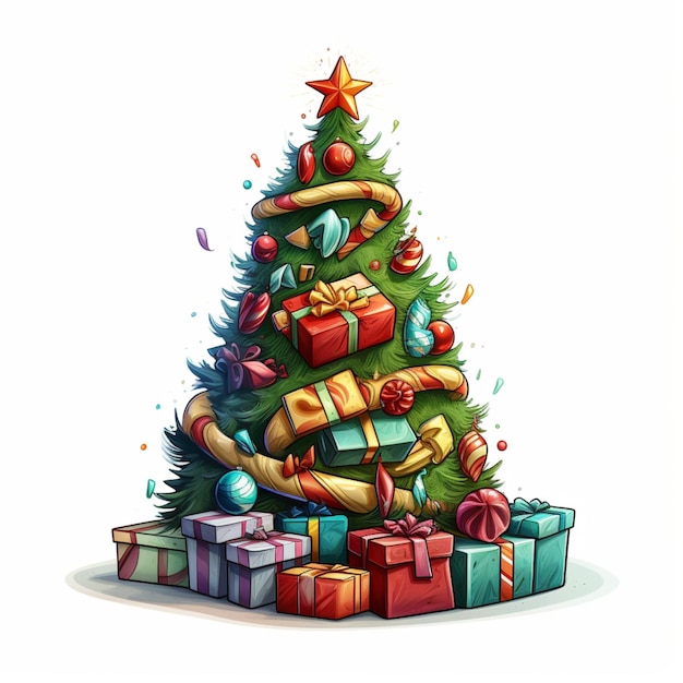 写真 白い背景でおもちゃやプレゼントで飾られたクリスマスツリーの漫画画像