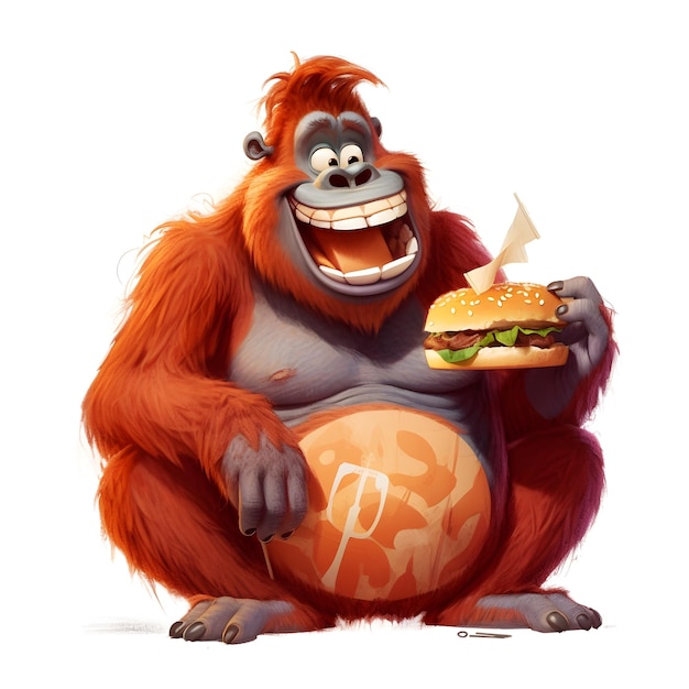A cartoon image of an orangutan holding a hamburger.