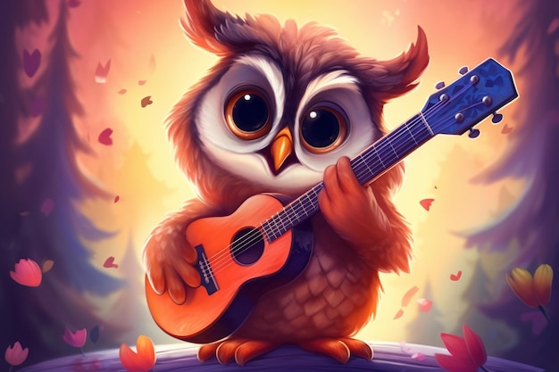 A cartoon image of an owl playing a guitar.