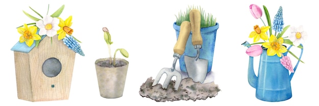 A cartoon image of a plant and a bucket with a shovel and a shovel.